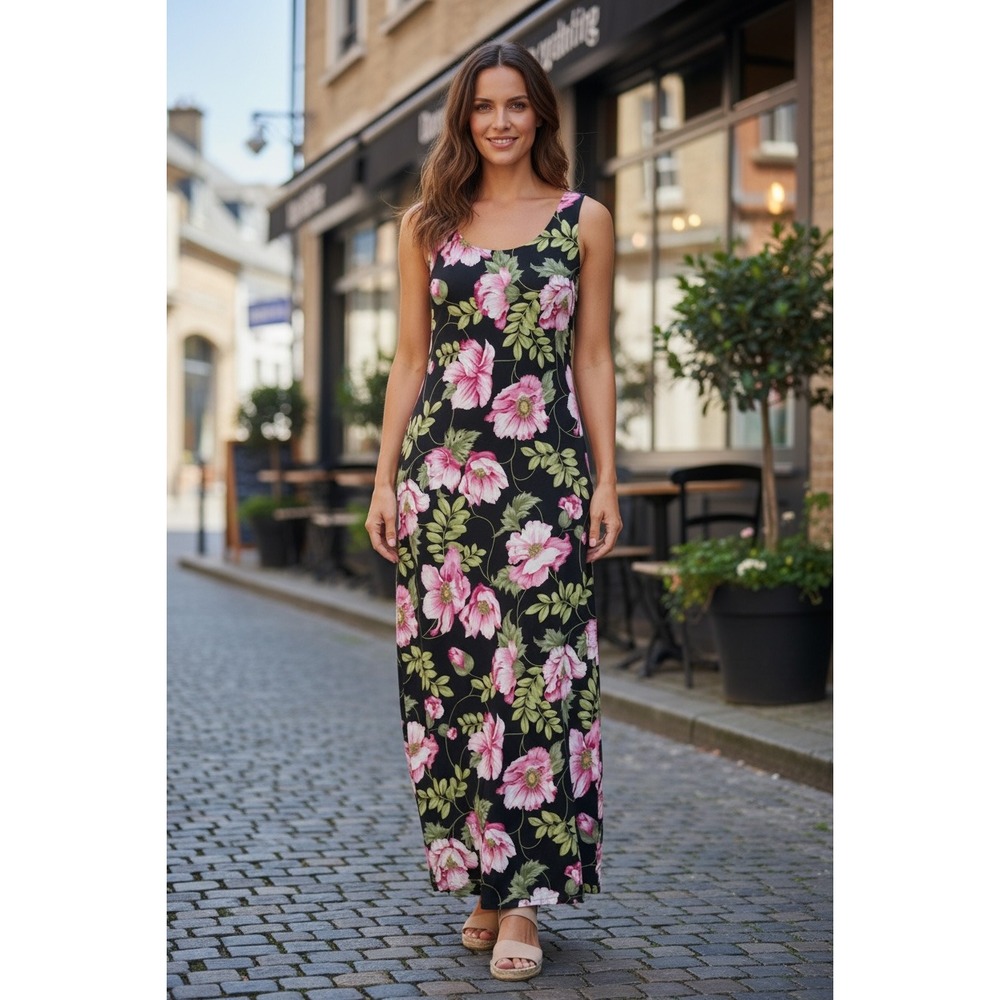 Sag Harbor Sleeveless Maxi Dress Botanical Pink Floral Black Size 8 Sundress